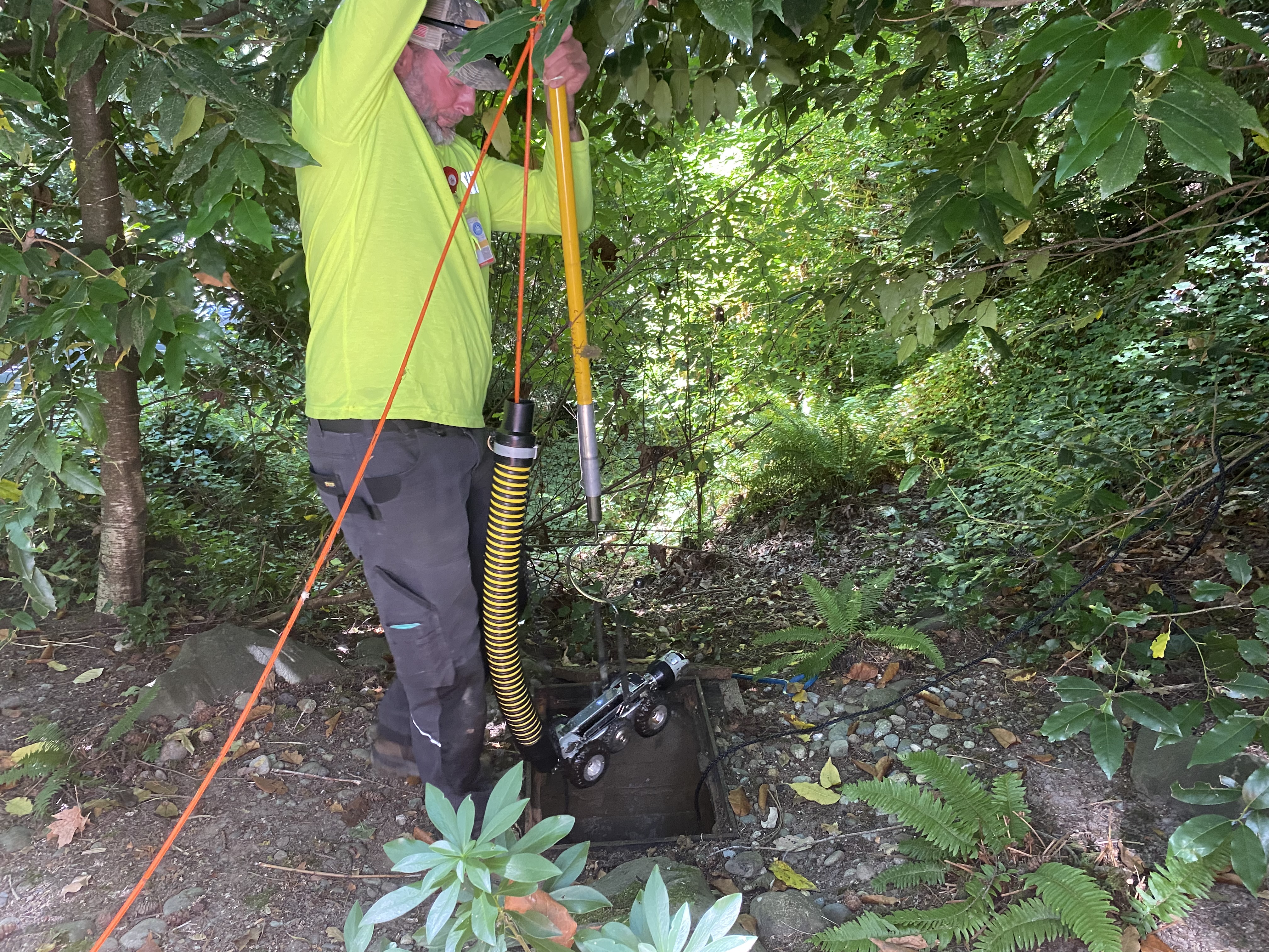 CCTV- lowering crawler camera into catch basin