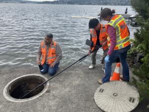 RH2 Engineering design staff uses a pole-mounted inspection camera to assess the condition of the ex…