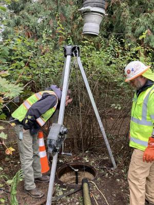 Set up at a catch basin for CCTV inspection work.