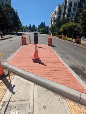 Completed curb and stamped concrete in the crosswalk median