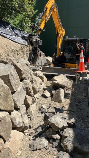 Rockery wall construction restarted in late June 2023 