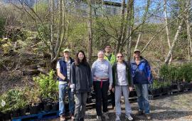 A group of volunteers posing on a sunny day in front of a plants stored in a native plant nursery. 