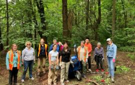 A large group of volunteers posing in front of a forest on a cloudy day. 
