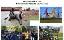 A collage of images featuring public artworks and the title City of Mercer Island Comprehensive Arts and Culture Plan