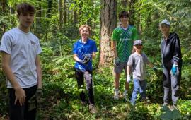 A group of volunteers posing in the the forest in front of piles of ivy.