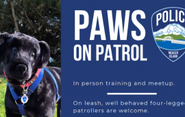 Paws on Patrol advertisement with Mercer Island Police badge and image of stuffed dog wearing Paws on Patrol tag.
