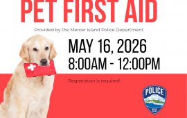 Pet First Aid Class Golden retriever holding first aid kit. Flyer for MIPD Pet First Aid Class on May 16