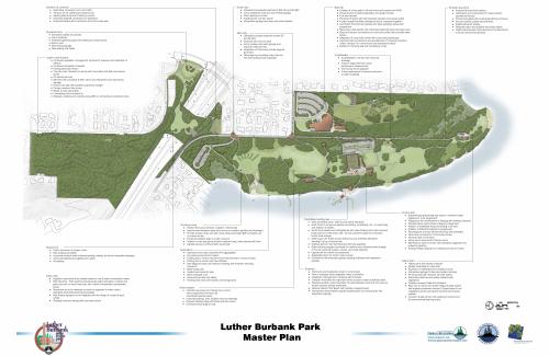 A master plan document depicting a park on a lake and several call-out items related to the park's development