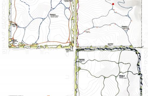 A master plan document with three park quadrants and different colored lines indicating trails, bike paths, and other features