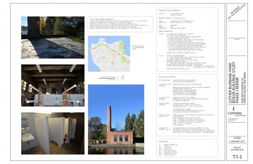 A master plan document including images of a brick historic building and notes for future repairs