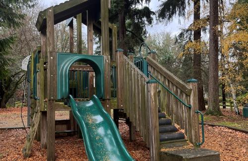 A treehouse playground structure with a green slide sits in a neighborhood park.