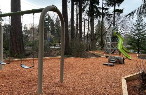 A neighborhood playground features swings and a 20' climbing structure with two bright green slides