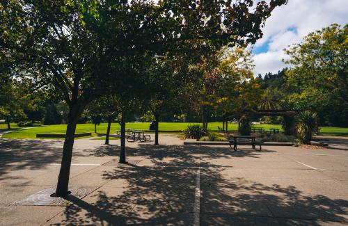 A park plaza lined with trees looks out on a large green lawn in a downtown park