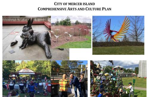 A collage of images featuring public artworks and the title City of Mercer Island Comprehensive Arts and Culture Plan