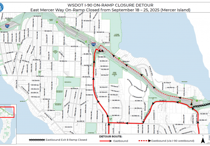 Recommended detour routes for the I-90 Eastbound On-ramp at East Mercer Way