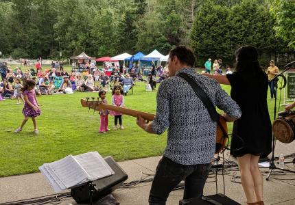 A band plays to a lively audience of all ages at a concert in the park