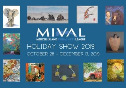 A blue postcard features images of pottery, paintings, photographs, and other artwork by local artists