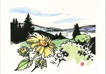 A colorful linocut print of flowers, a rolling hillside, and a lake in the background