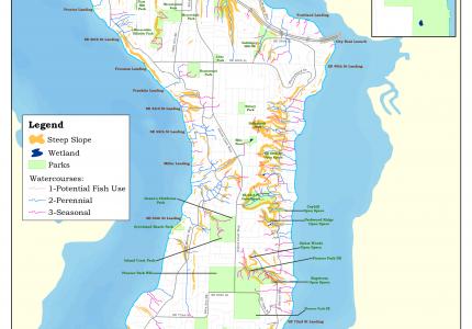 A map illustrating parks, open spaces, and other natural areas on an island