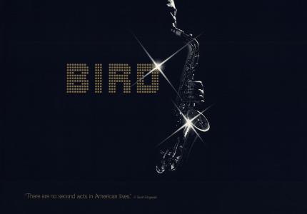 On a movie poster, a saxophonist seems to emerge from a pitch black stage, playing a twinkling saxophone.