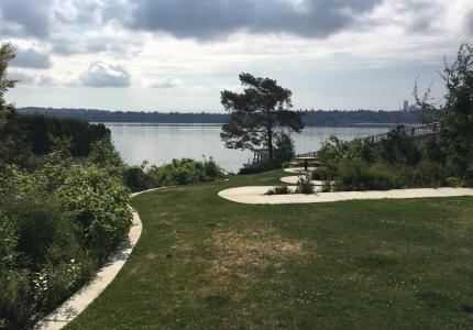 A street end parking featuring a concrete path that snakes down to the water