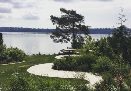 A street end park featuring a concrete path to a picnic table and stairs down to Lake Washingon