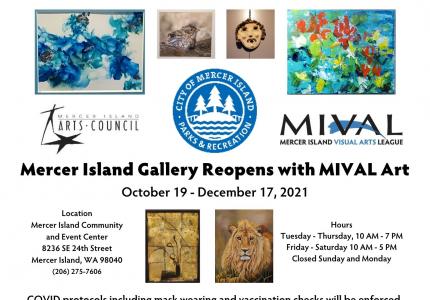 A postcard features works by Mercer Island artists and details for the 2021 MIVAL Holiday Show at the Mercer Island Gallery