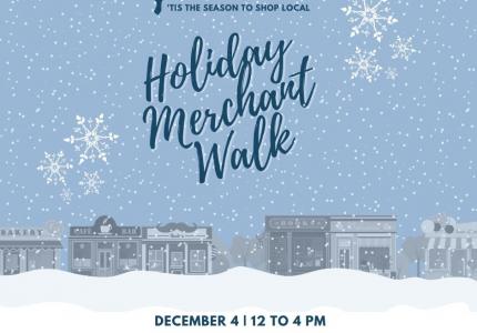 Illustration of Main Street in winter, advertising a Holiday Merchant Walk on Mercer Island