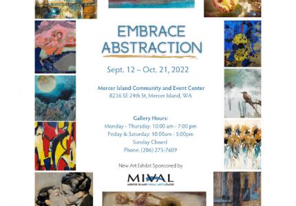 A poster advertises a gallery exhibit of abstract art by Mercer Island artists