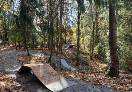 A mountain biking facility with gravel trails and wooden jumps built in a forested area.