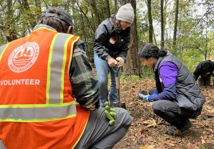 Person in orange vest kneeling down, with two other volunteers.