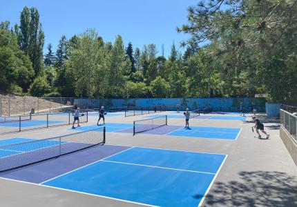 Groups of people play pickleball on blue and gray courts at Luther Burbank Park
