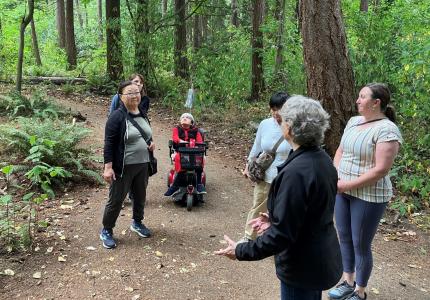 A group of participants looking up in the forest.