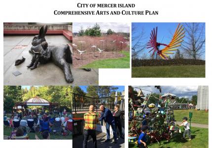 A collage of images featuring public artworks and the title City of Mercer Island Comprehensive Arts and Culture Plan