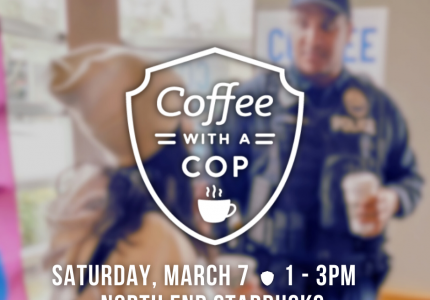 Blurred image of two people talking. Overlay coffee with a cop logo.