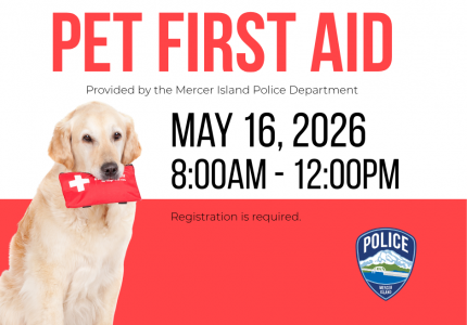 Golden retriever holding first aid kit. Flyer for MIPD Pet First Aid Class on May 16
