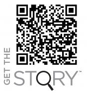 A black and white QR code outlined by the phrase Get the story