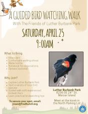 A poster reading "Guided Bird Watching Walk, Saturday, April 25th, 9am" with a photo of a red winged blackbird.