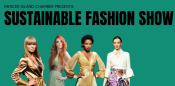 A teal background with black text reading "Sustainable Fashion Show" with 4 models posing at the bottom.