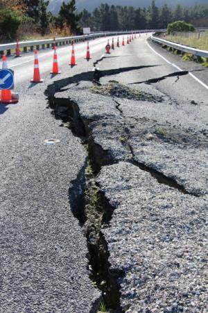 Coned off cracked road