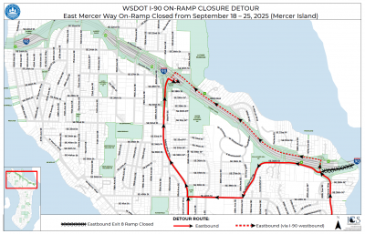 Recommended detour routes for the I-90 Eastbound On-ramp at East Mercer Way