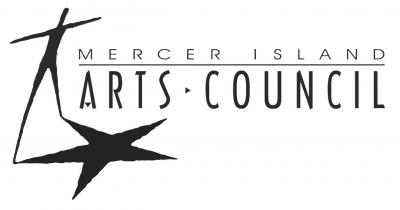 The Mercer Island Arts Council logo is black and white. It features a star casting the shadow of a stick-figure.