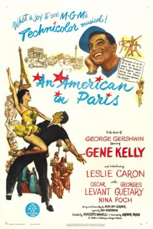 A movie poster for the film An American in Paris, featuring illustrations of a man and woman dancing and the Eiffel Tower