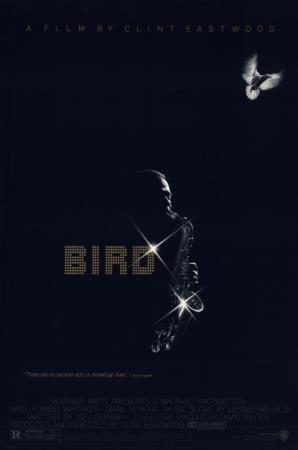 On a movie poster, a saxophonist seems to emerge from a pitch black stage, playing a twinkling saxophone.