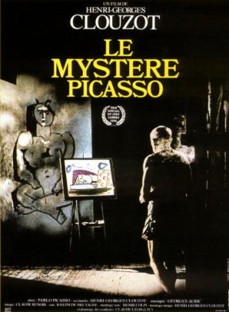 A movie poster featuring a black and white image of the artist Picasso painting Cubist figures