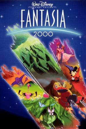 A poster for the movie Fantasia 2000 features colorful images of Mickey Mouse in a wizard's cap, birds, a ballerina, and more 