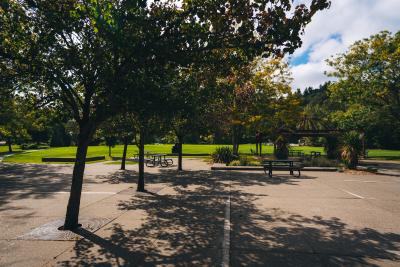 A park plaza lined with trees looks out on a large green lawn in a downtown park