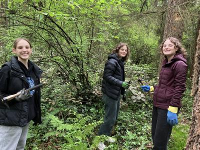 Three volunteers posing while cutting ivy from plants