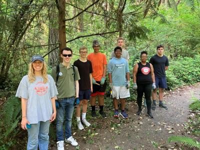 A group of volunteers posing on the trail. 