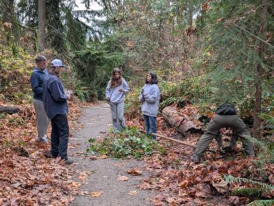 Volunteers pulling ivy alongside a gravel trail on a grey day. 